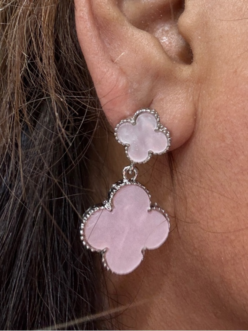 Delicate Pink Clover Drop Earrings with Silver Trim